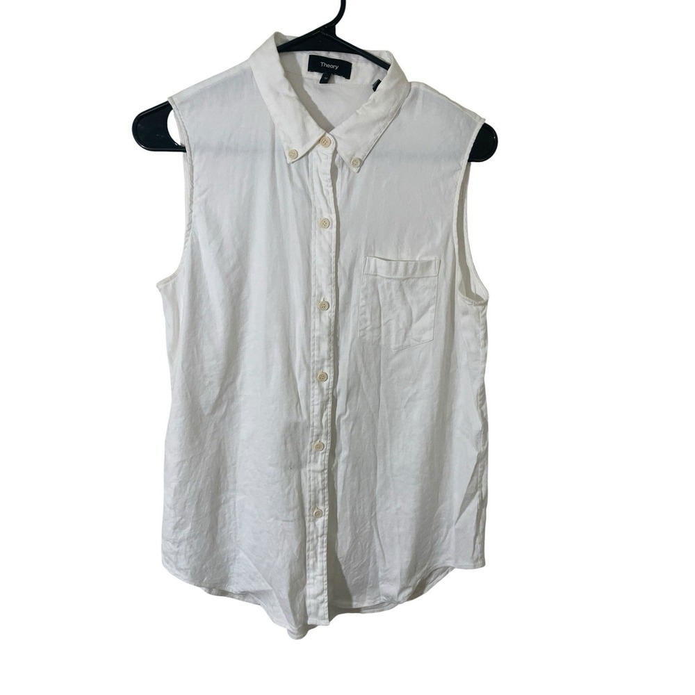 Theory Medium White Linen Sleeveless Button Up Top Collared Minimalist Lagenlook